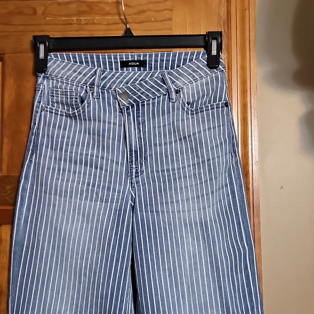 Aqua Striped Cuffed Dad Blue Striped High Waisted Denim Jeans - Picture 6 of 13